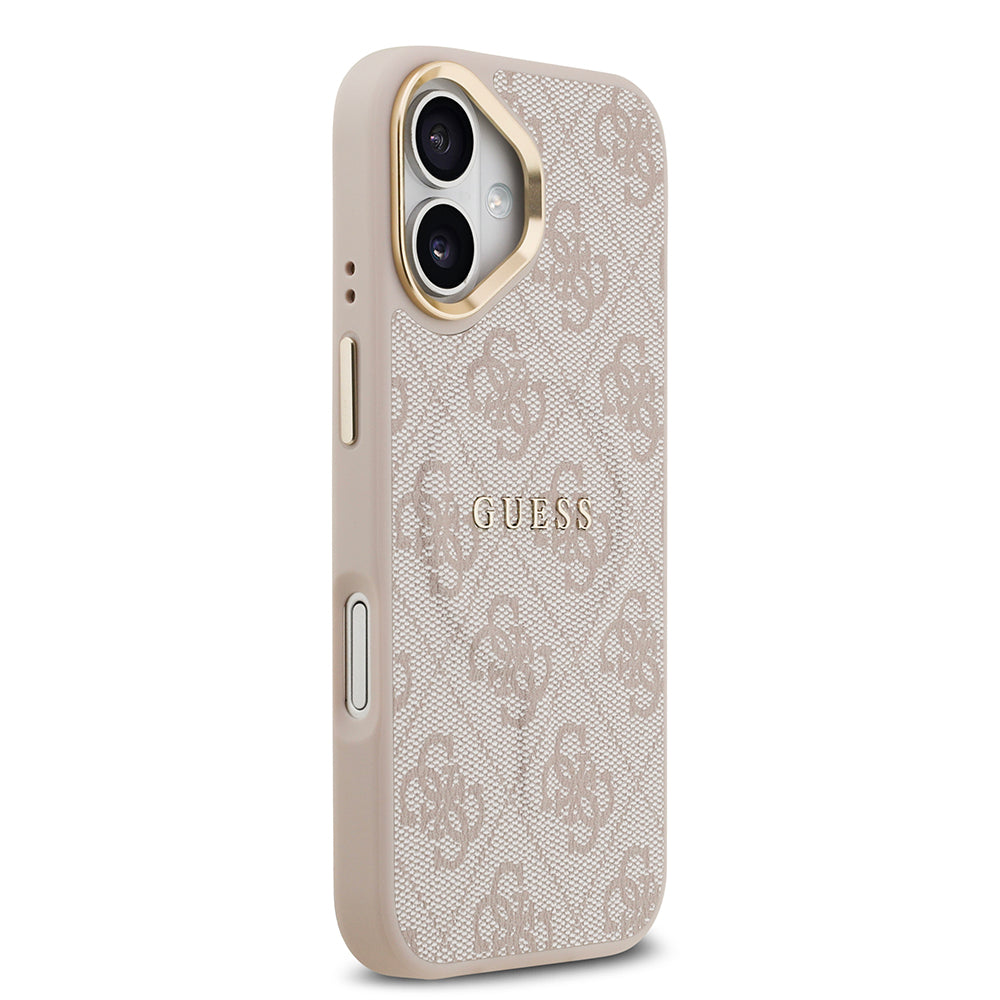 Apple iPhone 17 Kılıf Guess M-safe Şarj Özellikli Gold Metal Kamera Çerçeveli PU Deri 4G Desen Yazı Logolu Kapak Pembe
