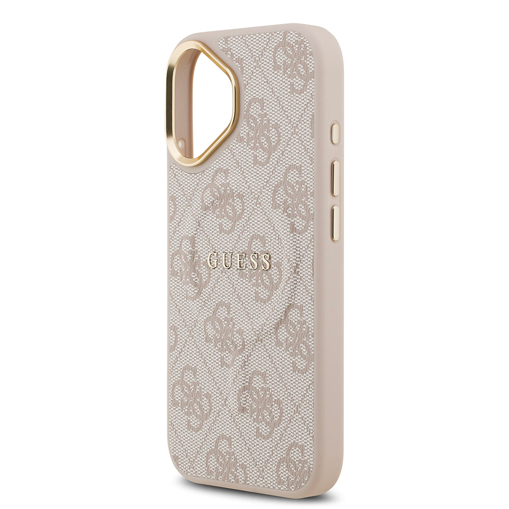 Apple iPhone 17 Kılıf Guess M-safe Şarj Özellikli Gold Metal Kamera Çerçeveli PU Deri 4G Desen Yazı Logolu Kapak Pembe