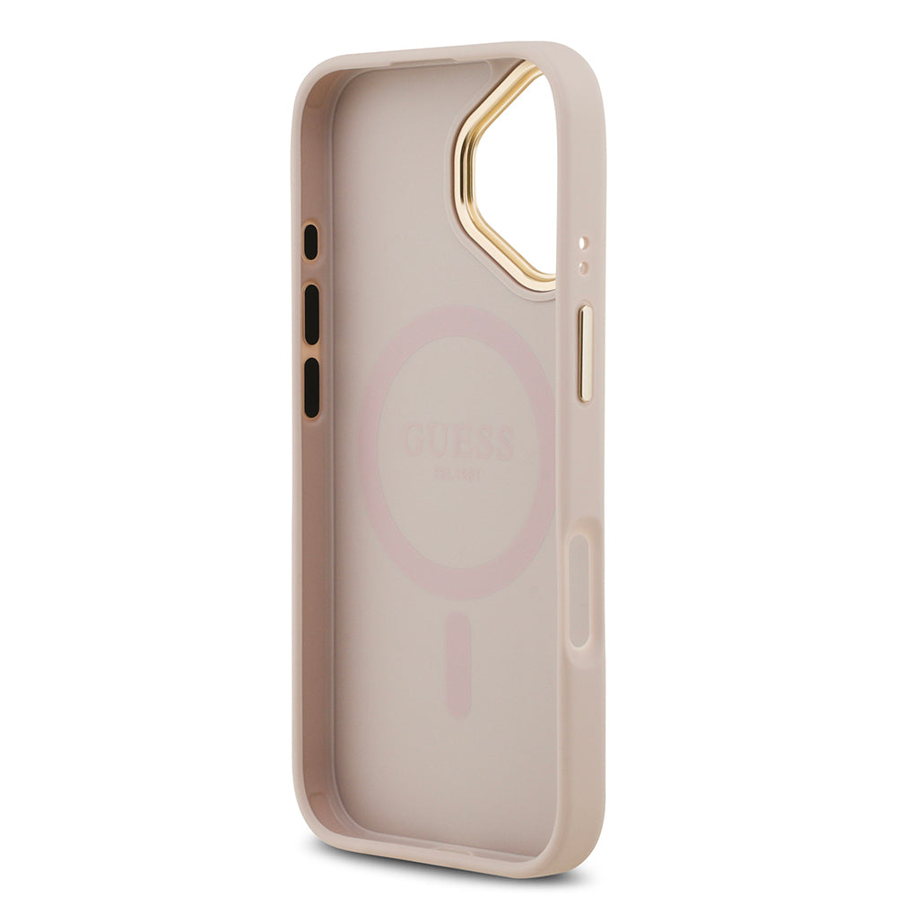 Apple iPhone 17 Kılıf Guess M-safe Şarj Özellikli Gold Metal Kamera Çerçeveli PU Deri 4G Desen Yazı Logolu Kapak Pembe