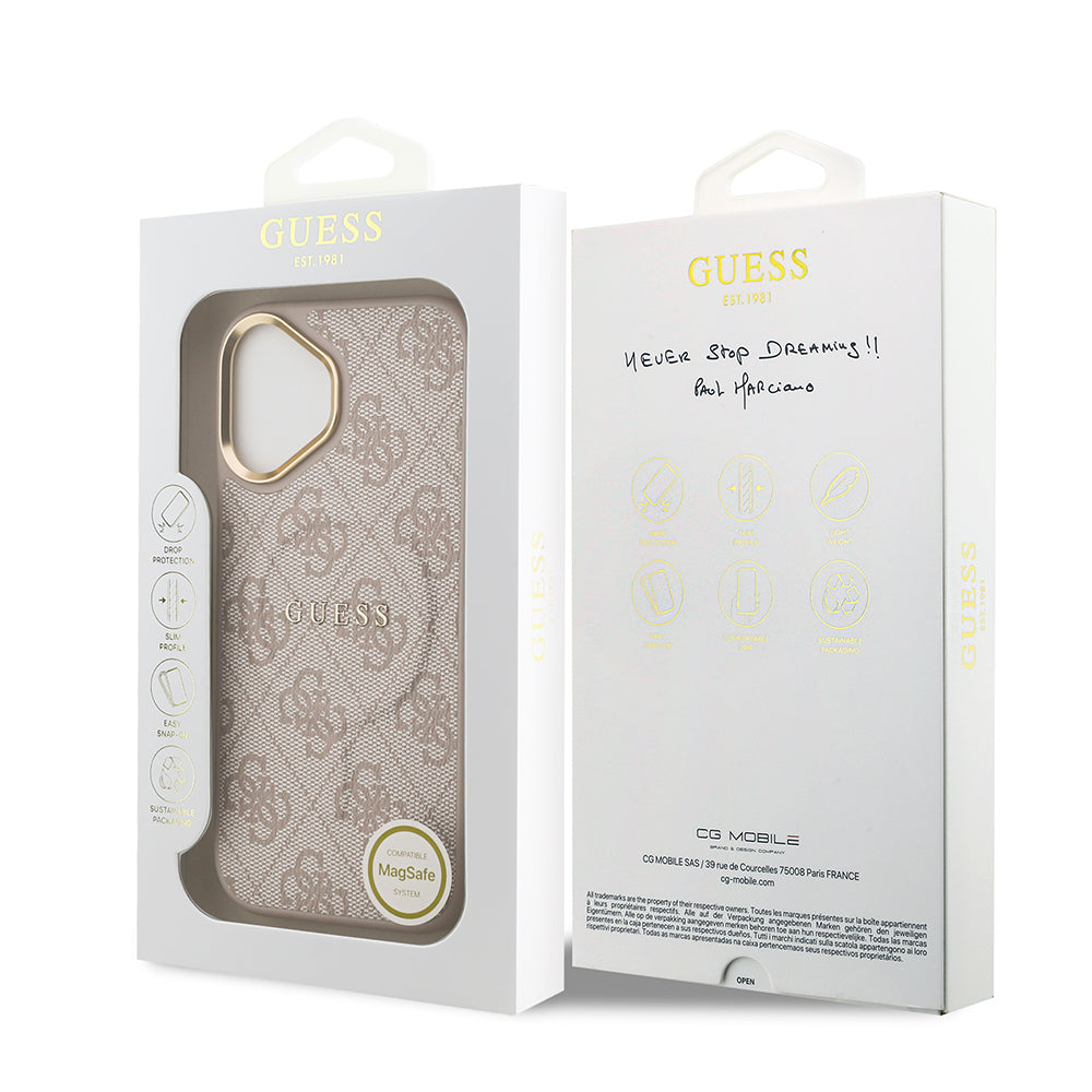Apple iPhone 17 Kılıf Guess M-safe Şarj Özellikli Gold Metal Kamera Çerçeveli PU Deri 4G Desen Yazı Logolu Kapak Pembe