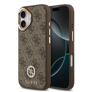 Apple iPhone 17 Kılıf Guess M-safe Şarj Özellikli Gold Metal Kamera Çerçeveli Taşlı 4G Logolu Kapak Kahverengi