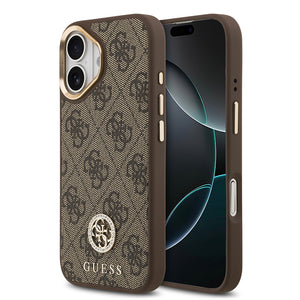Apple iPhone 17 Kılıf Guess M-safe Şarj Özellikli Gold Metal Kamera Çerçeveli Taşlı 4G Logolu Kapak Kahverengi