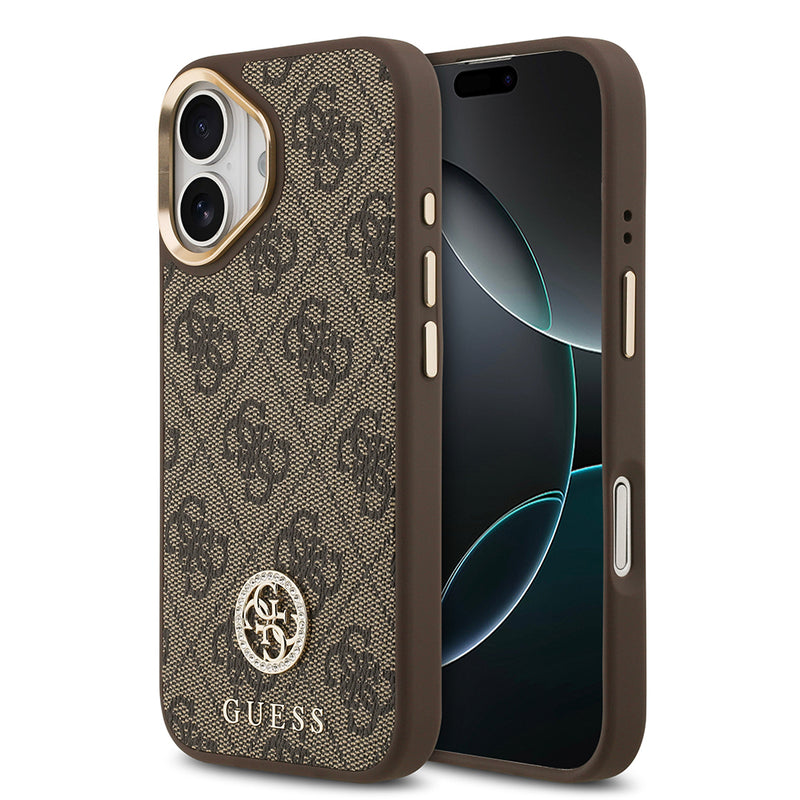 Apple iPhone 17 Kılıf Guess M-safe Şarj Özellikli Gold Metal Kamera Çerçeveli Taşlı 4G Logolu Kapak Kahverengi