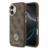 Apple iPhone 17 Kılıf Guess M-safe Şarj Özellikli Gold Metal Kamera Çerçeveli Taşlı 4G Logolu Kapak Kahverengi