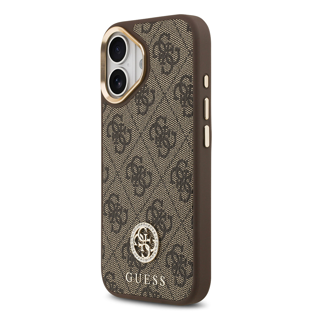Apple iPhone 17 Kılıf Guess M-safe Şarj Özellikli Gold Metal Kamera Çerçeveli Taşlı 4G Logolu Kapak Kahverengi