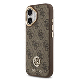 Apple iPhone 17 Kılıf Guess M-safe Şarj Özellikli Gold Metal Kamera Çerçeveli Taşlı 4G Logolu Kapak Kahverengi