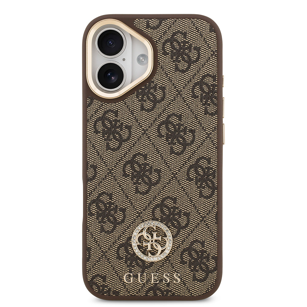 Apple iPhone 17 Kılıf Guess M-safe Şarj Özellikli Gold Metal Kamera Çerçeveli Taşlı 4G Logolu Kapak Kahverengi
