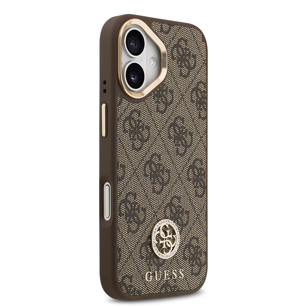 Apple iPhone 17 Kılıf Guess M-safe Şarj Özellikli Gold Metal Kamera Çerçeveli Taşlı 4G Logolu Kapak Kahverengi