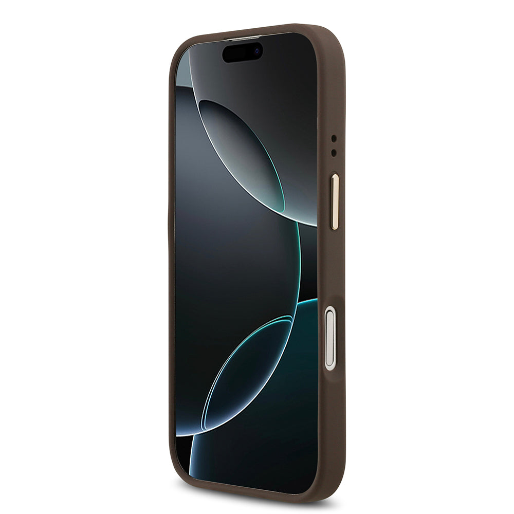 Apple iPhone 17 Kılıf Guess M-safe Şarj Özellikli Gold Metal Kamera Çerçeveli Taşlı 4G Logolu Kapak Kahverengi