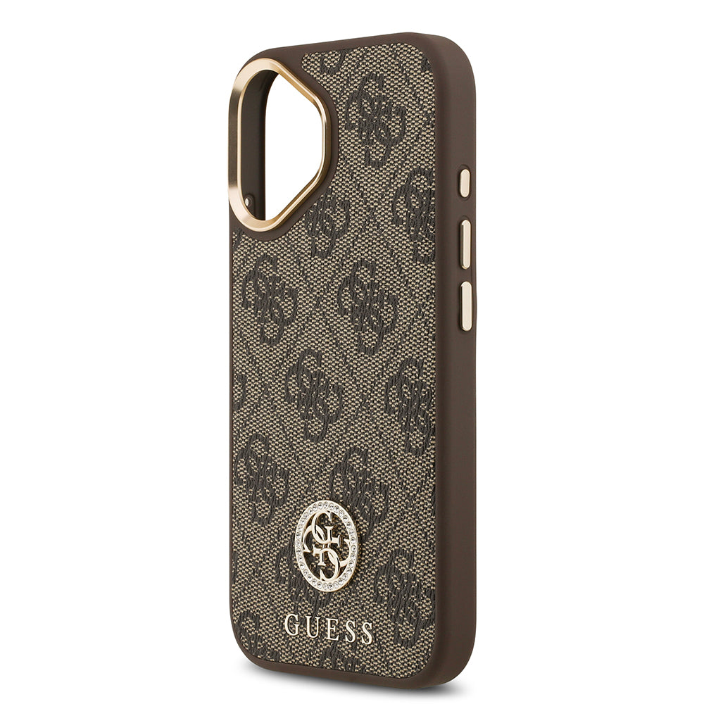 Apple iPhone 17 Kılıf Guess M-safe Şarj Özellikli Gold Metal Kamera Çerçeveli Taşlı 4G Logolu Kapak Kahverengi