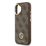 Apple iPhone 17 Kılıf Guess M-safe Şarj Özellikli Gold Metal Kamera Çerçeveli Taşlı 4G Logolu Kapak Kahverengi