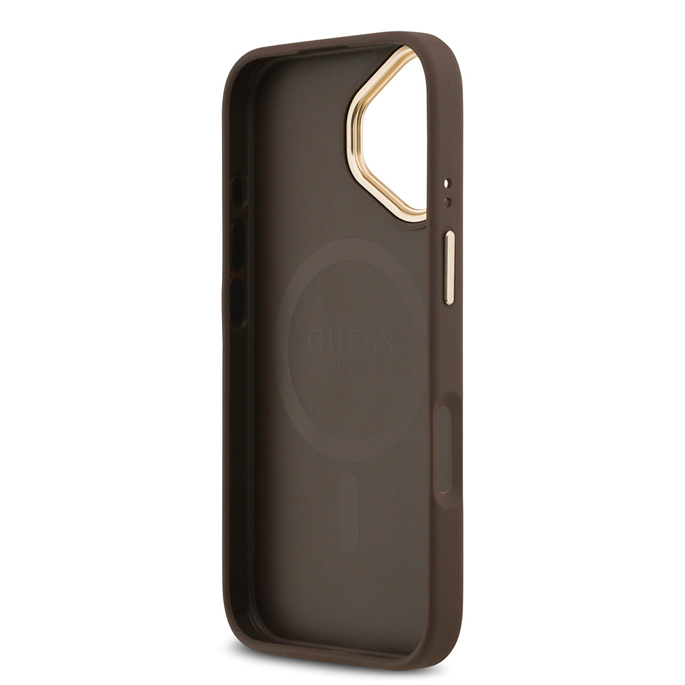 Apple iPhone 17 Kılıf Guess M-safe Şarj Özellikli Gold Metal Kamera Çerçeveli Taşlı 4G Logolu Kapak Kahverengi