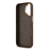 Apple iPhone 17 Kılıf Guess M-safe Şarj Özellikli Gold Metal Kamera Çerçeveli Taşlı 4G Logolu Kapak Kahverengi
