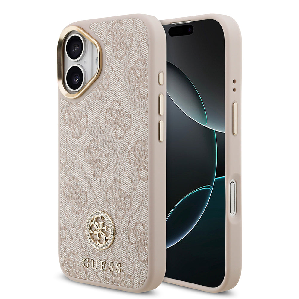 Apple iPhone 17 Kılıf Guess M-safe Şarj Özellikli Gold Metal Kamera Çerçeveli Taşlı 4G Logolu Kapak Pembe