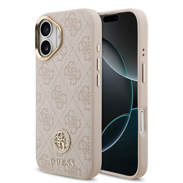 Apple iPhone 17 Kılıf Guess M-safe Şarj Özellikli Gold Metal Kamera Çerçeveli Taşlı 4G Logolu Kapak Pembe