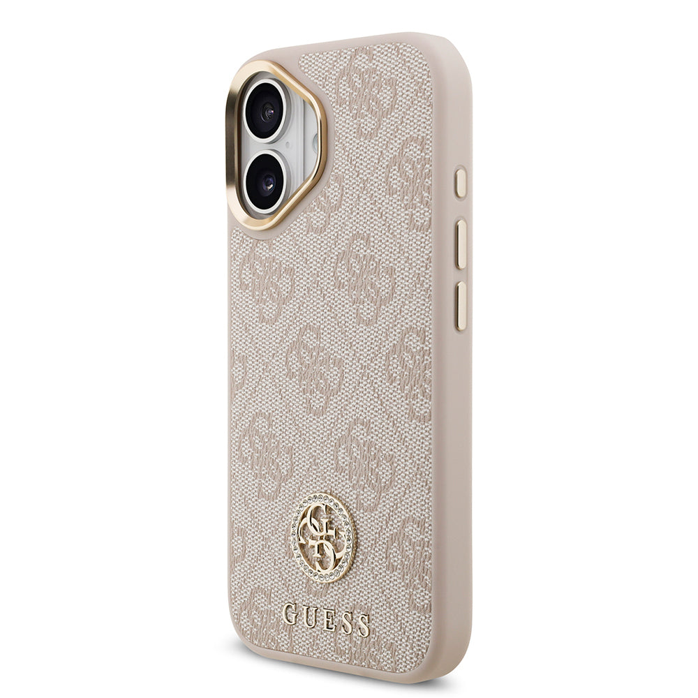 Apple iPhone 17 Kılıf Guess M-safe Şarj Özellikli Gold Metal Kamera Çerçeveli Taşlı 4G Logolu Kapak Pembe