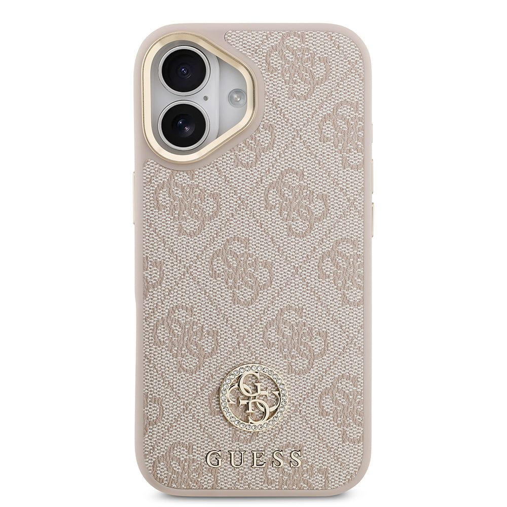 Apple iPhone 17 Kılıf Guess M-safe Şarj Özellikli Gold Metal Kamera Çerçeveli Taşlı 4G Logolu Kapak Pembe