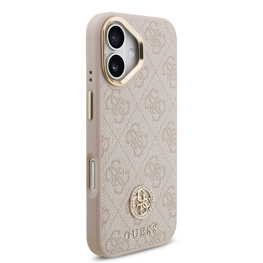 Apple iPhone 17 Kılıf Guess M-safe Şarj Özellikli Gold Metal Kamera Çerçeveli Taşlı 4G Logolu Kapak Pembe