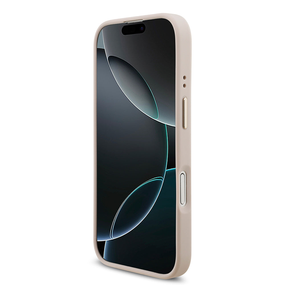 Apple iPhone 17 Kılıf Guess M-safe Şarj Özellikli Gold Metal Kamera Çerçeveli Taşlı 4G Logolu Kapak Pembe