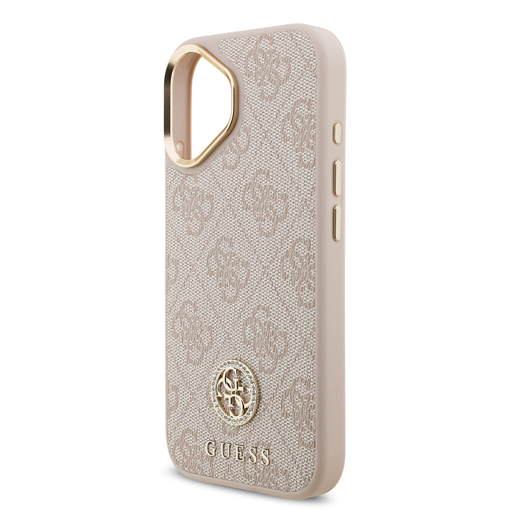 Apple iPhone 17 Kılıf Guess M-safe Şarj Özellikli Gold Metal Kamera Çerçeveli Taşlı 4G Logolu Kapak Pembe