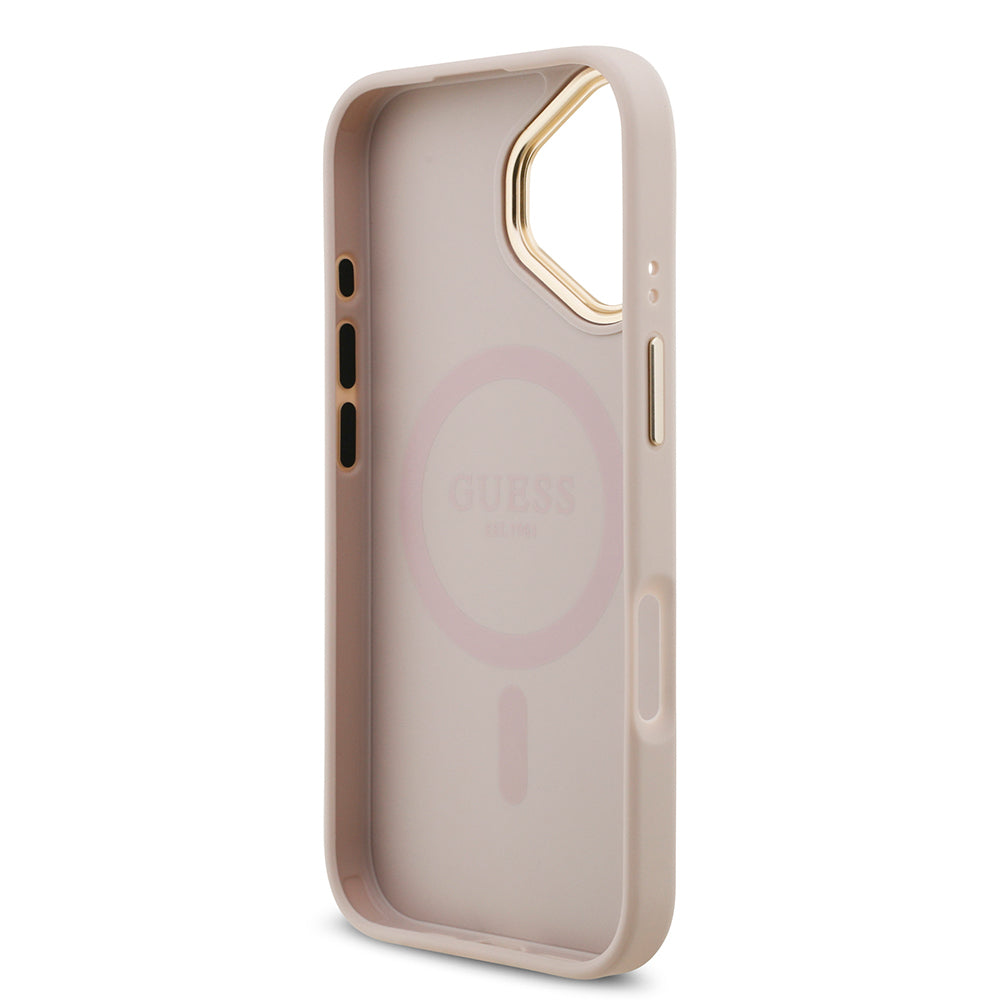 Apple iPhone 17 Kılıf Guess M-safe Şarj Özellikli Gold Metal Kamera Çerçeveli Taşlı 4G Logolu Kapak Pembe