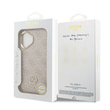 Apple iPhone 17 Kılıf Guess M-safe Şarj Özellikli Gold Metal Kamera Çerçeveli Taşlı 4G Logolu Kapak Pembe