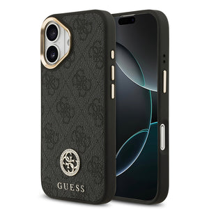 Apple iPhone 17 Kılıf Guess M-safe Şarj Özellikli Gold Metal Kamera Çerçeveli Taşlı 4G Logolu Kapak Siyah