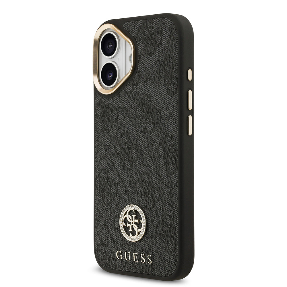 Apple iPhone 17 Kılıf Guess M-safe Şarj Özellikli Gold Metal Kamera Çerçeveli Taşlı 4G Logolu Kapak Siyah