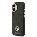 Apple iPhone 17 Kılıf Guess M-safe Şarj Özellikli Gold Metal Kamera Çerçeveli Taşlı 4G Logolu Kapak Siyah