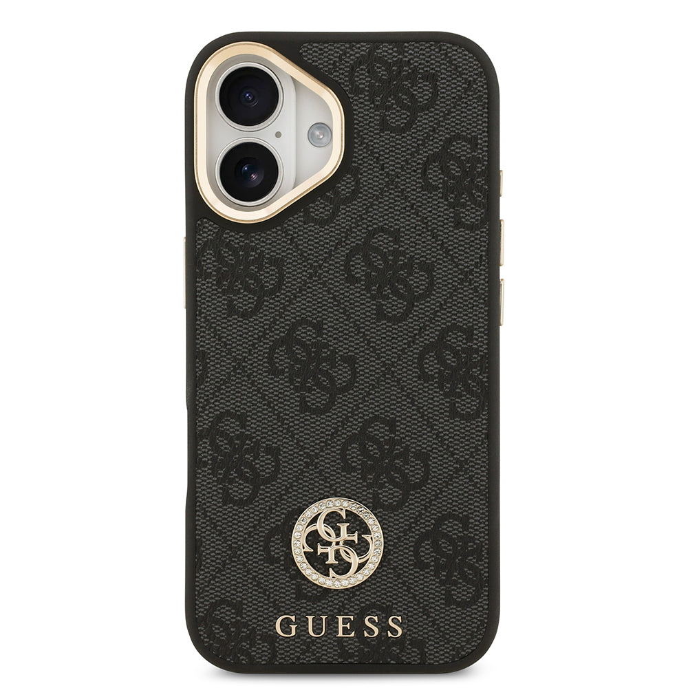 Apple iPhone 17 Kılıf Guess M-safe Şarj Özellikli Gold Metal Kamera Çerçeveli Taşlı 4G Logolu Kapak Siyah