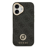 Apple iPhone 17 Kılıf Guess M-safe Şarj Özellikli Gold Metal Kamera Çerçeveli Taşlı 4G Logolu Kapak Siyah
