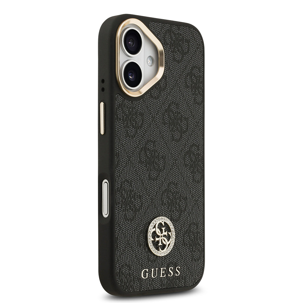 Apple iPhone 17 Kılıf Guess M-safe Şarj Özellikli Gold Metal Kamera Çerçeveli Taşlı 4G Logolu Kapak Siyah