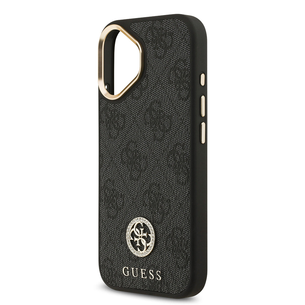 Apple iPhone 17 Kılıf Guess M-safe Şarj Özellikli Gold Metal Kamera Çerçeveli Taşlı 4G Logolu Kapak Siyah