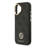 Apple iPhone 17 Kılıf Guess M-safe Şarj Özellikli Gold Metal Kamera Çerçeveli Taşlı 4G Logolu Kapak Siyah