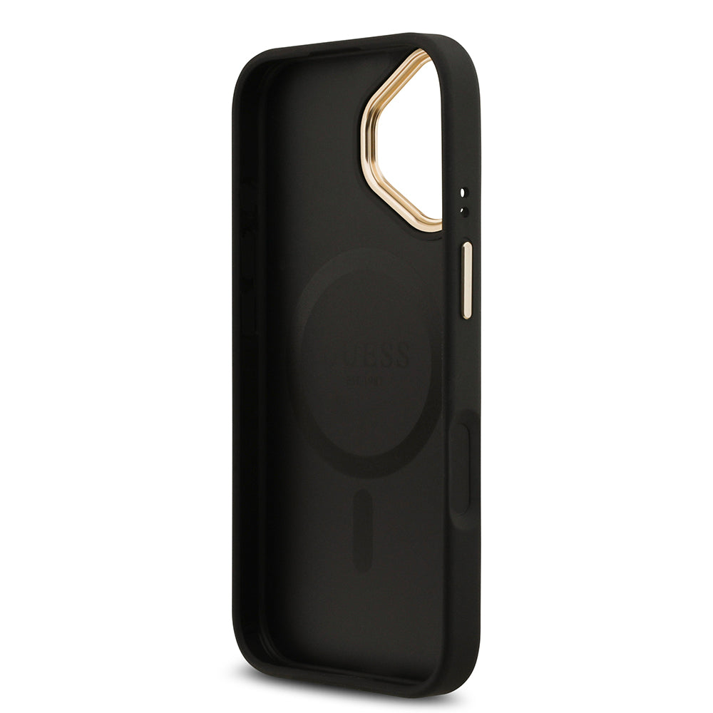 Apple iPhone 17 Kılıf Guess M-safe Şarj Özellikli Gold Metal Kamera Çerçeveli Taşlı 4G Logolu Kapak Siyah