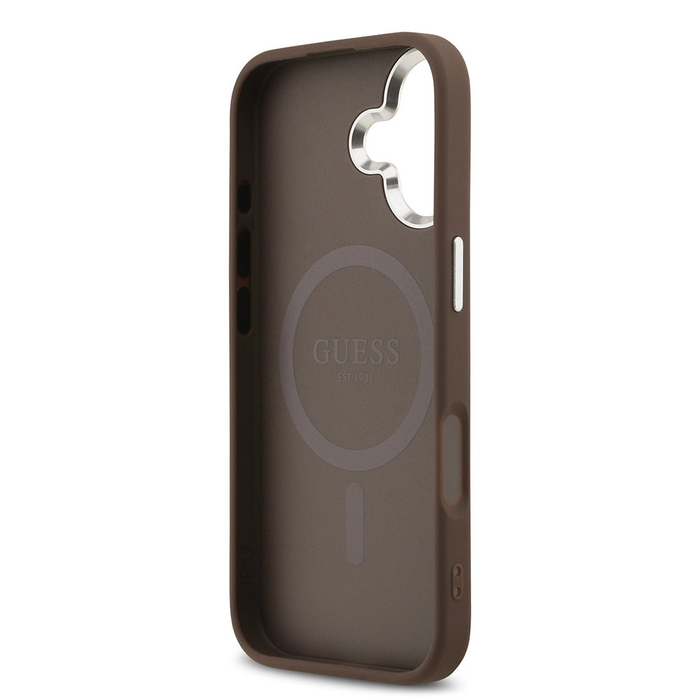 Apple iPhone 17 Kılıf Guess M-safe Şarj Özellikli Gümüş Çerçeve ve Butonlu Klasik Yazı Logolu Kapak Kahverengi