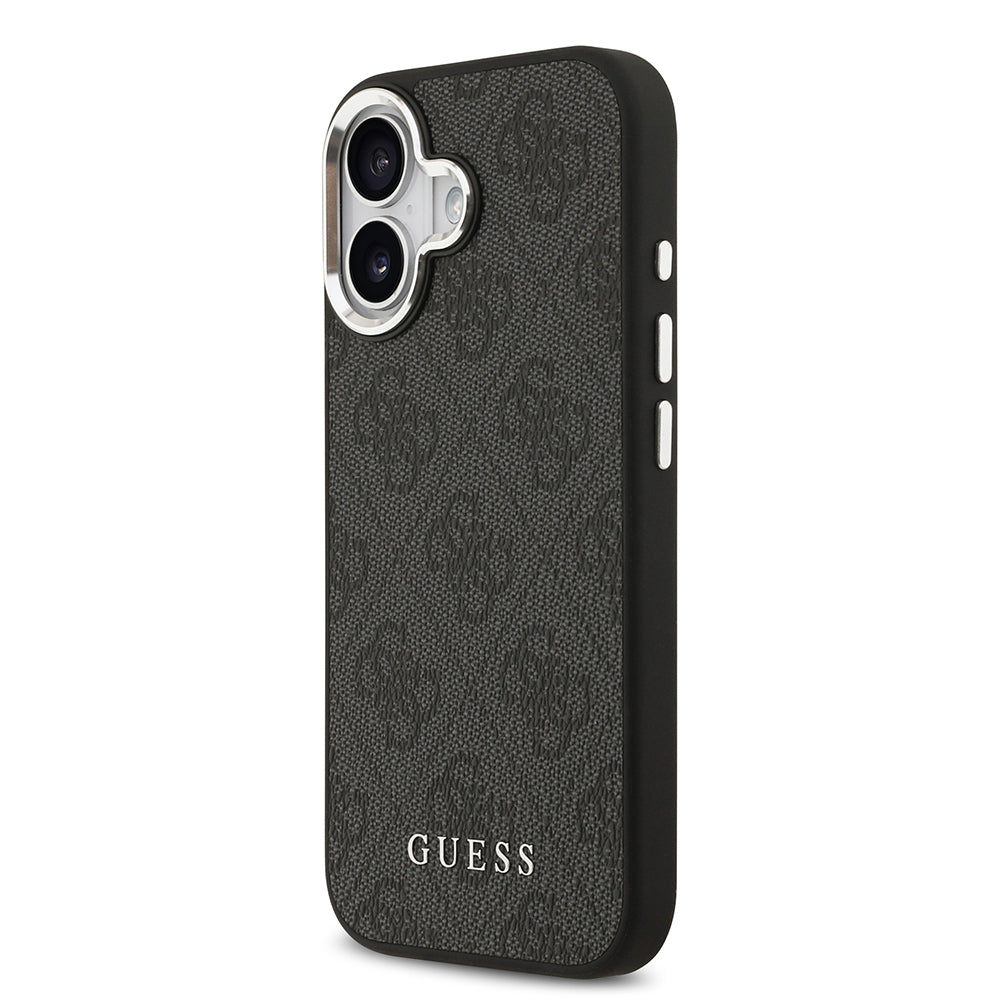 Apple iPhone 17 Kılıf Guess M-safe Şarj Özellikli Gümüş Çerçeve ve Butonlu Klasik Yazı Logolu Kapak Siyah