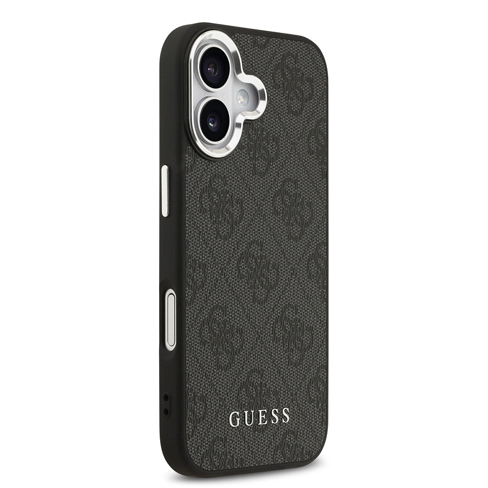 Apple iPhone 17 Kılıf Guess M-safe Şarj Özellikli Gümüş Çerçeve ve Butonlu Klasik Yazı Logolu Kapak Siyah