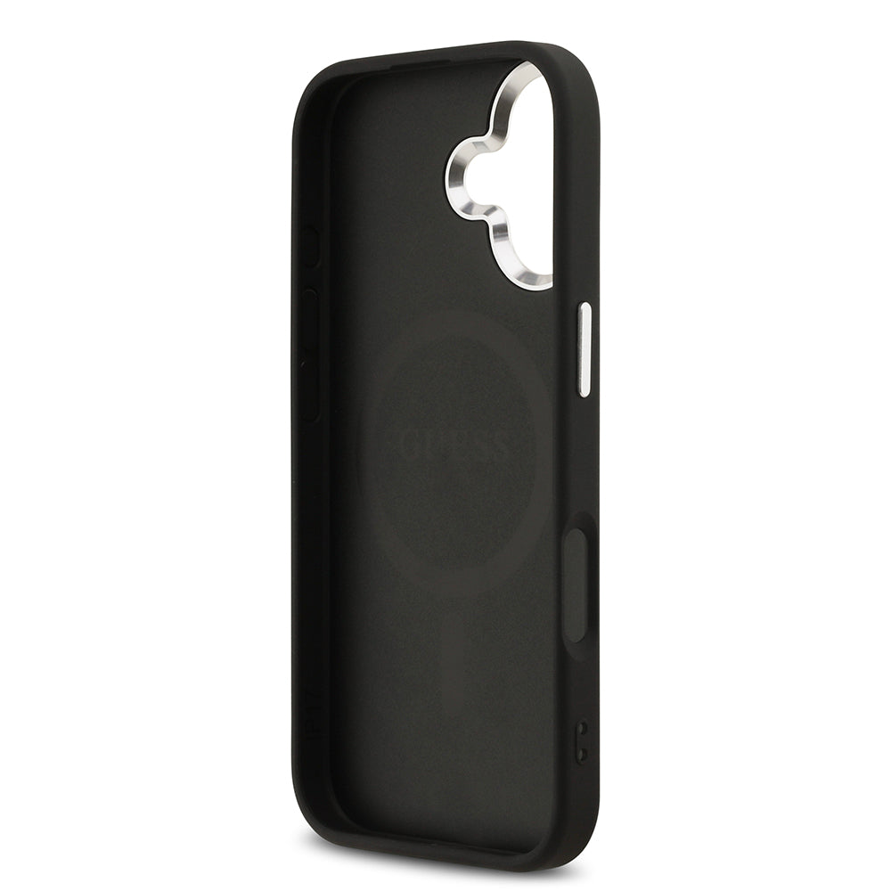 Apple iPhone 17 Kılıf Guess M-safe Şarj Özellikli Gümüş Çerçeve ve Butonlu Klasik Yazı Logolu Kapak Siyah