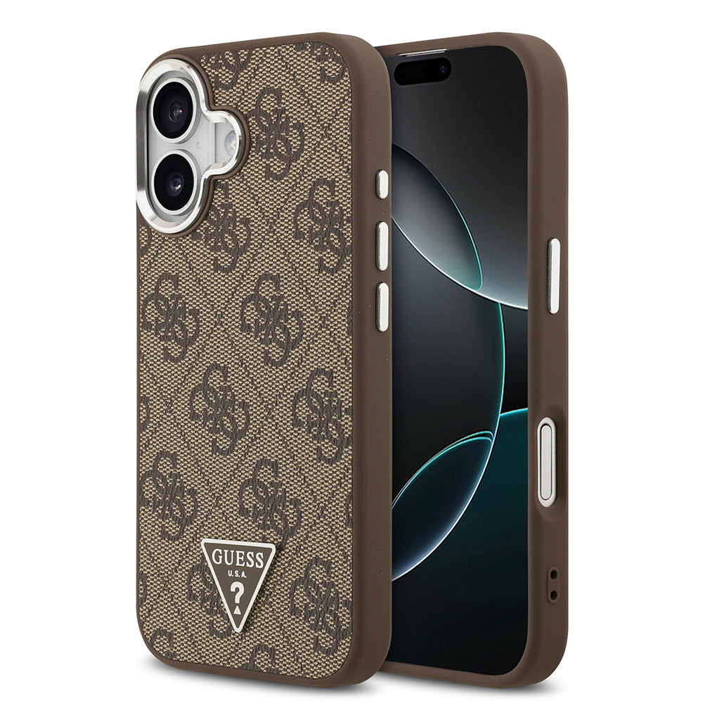 Apple iPhone 17 Kılıf Guess M-safe Şarj Özellikli Gümüş Metal Çerçeveli Üçgen Logo 4G Desenli Kapak Kahverengi