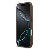 Apple iPhone 17 Kılıf Guess M-safe Şarj Özellikli Gümüş Metal Çerçeveli Üçgen Logo 4G Desenli Kapak Kahverengi