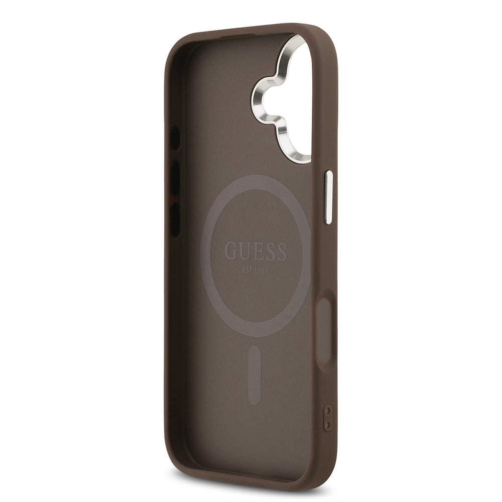 Apple iPhone 17 Kılıf Guess M-safe Şarj Özellikli Gümüş Metal Çerçeveli Üçgen Logo 4G Desenli Kapak Kahverengi