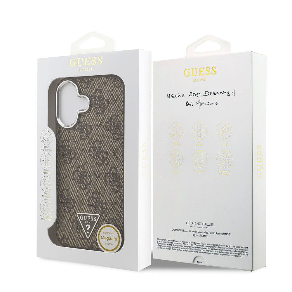 Apple iPhone 17 Kılıf Guess M-safe Şarj Özellikli Gümüş Metal Çerçeveli Üçgen Logo 4G Desenli Kapak Kahverengi