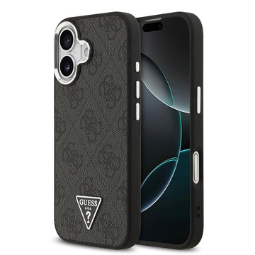 Apple iPhone 17 Kılıf Guess M-safe Şarj Özellikli Gümüş Metal Çerçeveli Üçgen Logo 4G Desenli Kapak Siyah