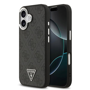 Apple iPhone 17 Kılıf Guess M-safe Şarj Özellikli Gümüş Metal Çerçeveli Üçgen Logo 4G Desenli Kapak Siyah