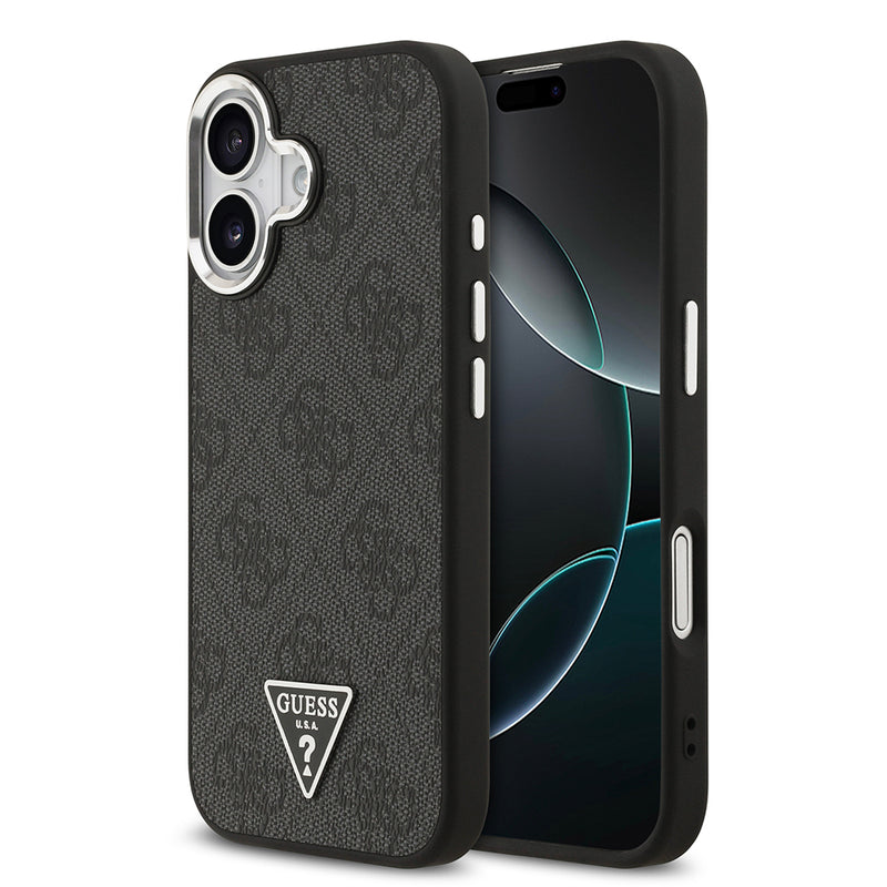 Apple iPhone 17 Kılıf Guess M-safe Şarj Özellikli Gümüş Metal Çerçeveli Üçgen Logo 4G Desenli Kapak Siyah