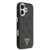 Apple iPhone 17 Kılıf Guess M-safe Şarj Özellikli Gümüş Metal Çerçeveli Üçgen Logo 4G Desenli Kapak Siyah