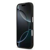 Apple iPhone 17 Kılıf Guess M-safe Şarj Özellikli Gümüş Metal Çerçeveli Üçgen Logo 4G Desenli Kapak Siyah