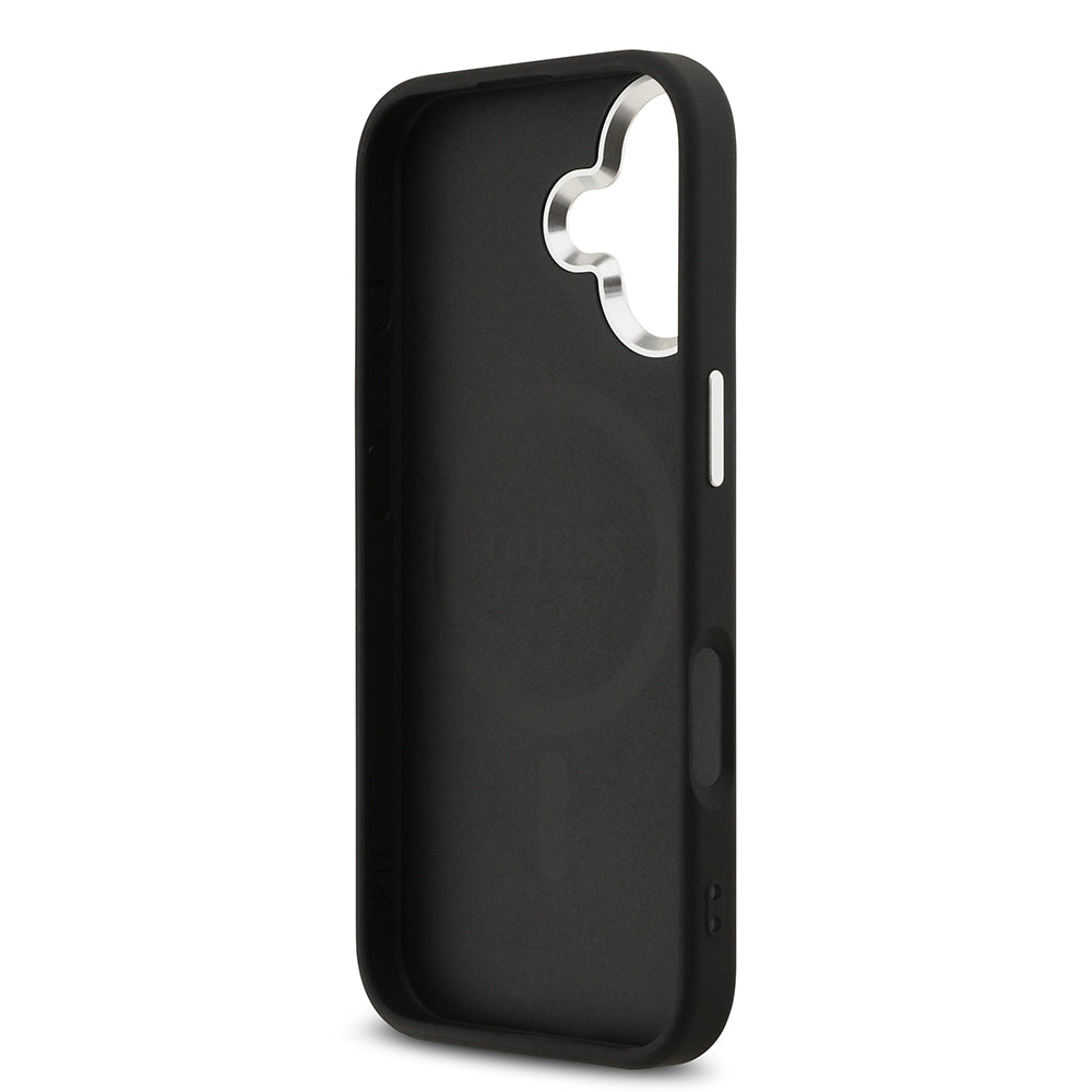 Apple iPhone 17 Kılıf Guess M-safe Şarj Özellikli Gümüş Metal Çerçeveli Üçgen Logo 4G Desenli Kapak Siyah