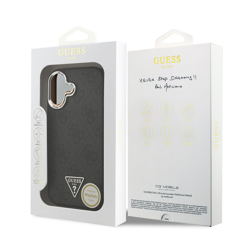 Apple iPhone 17 Kılıf Guess M-safe Şarj Özellikli Gümüş Metal Çerçeveli Üçgen Logo 4G Desenli Kapak Siyah